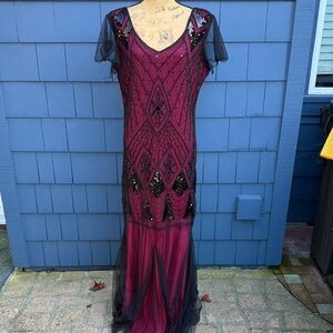 Elegant Black and Burgundy Red Evening Gown 20’s flapper stretch XXL